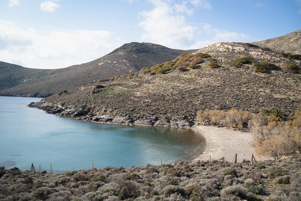 View over Americanou Beach hiking to Marmaris Beach in Apano Meria in Syros
