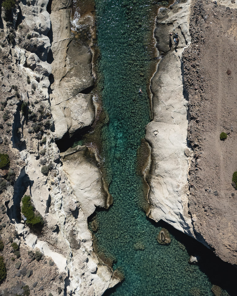 Drone shot of the canal at Kleftiko to swim at the end of the trail hike