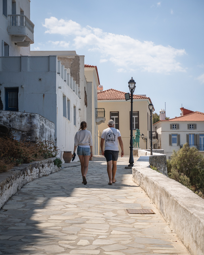 Family walking in the streets of Chora Andros
