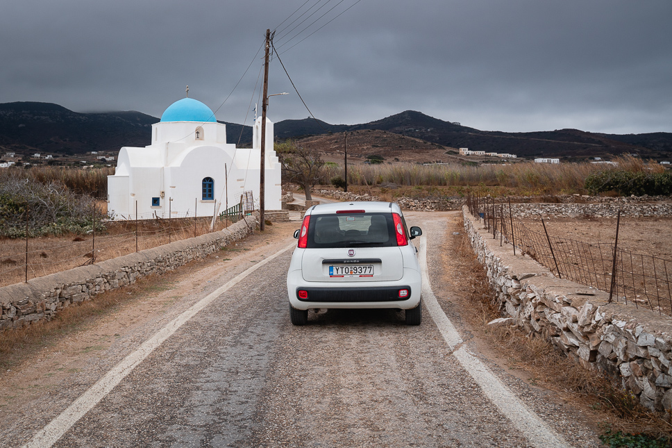 driving our rental car in Antiparos during a rainy day