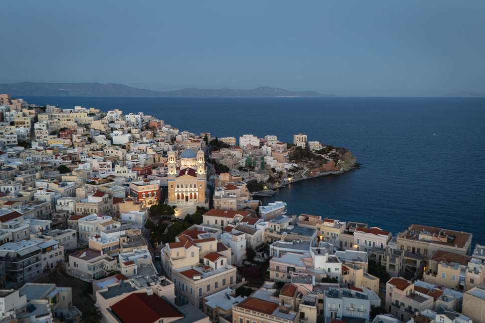drone shot of Ermoupoli and Vaporia