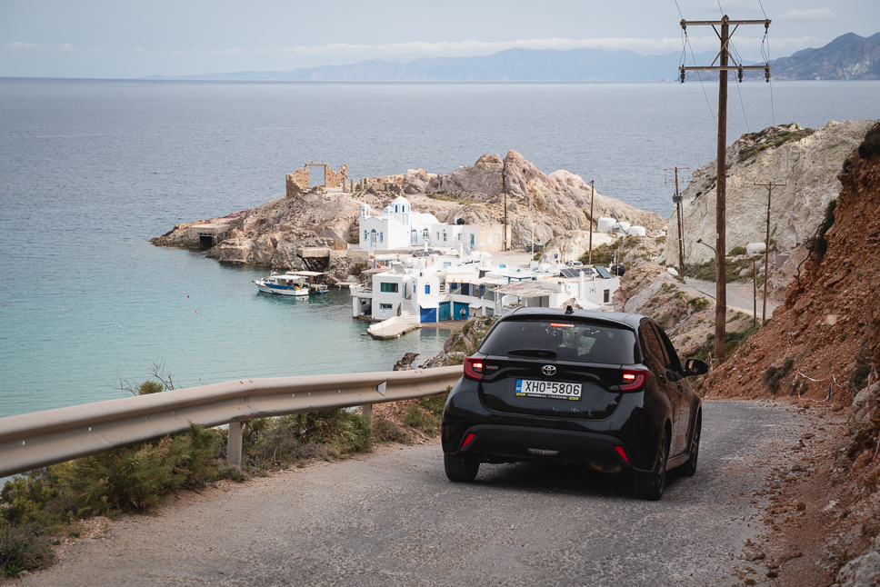 With the rental car on our way to Firopotamos in Milos