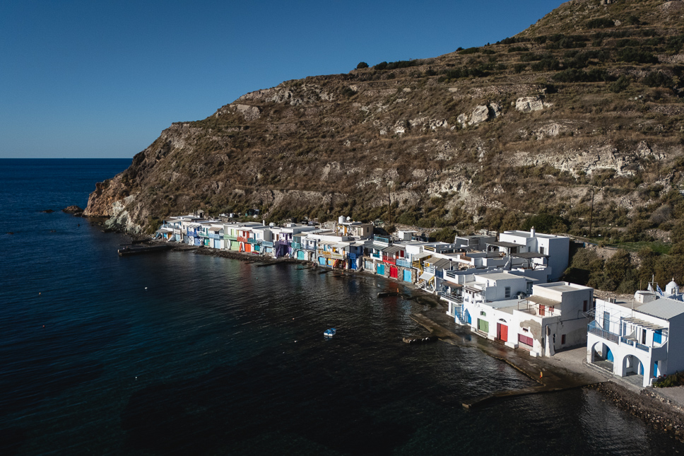 drone view of he syrmata houses in Klima in Milos
