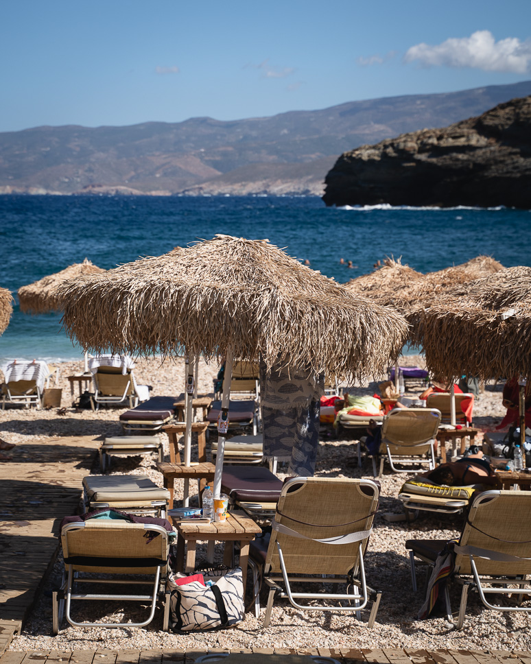Sunbeds and umbrellas at Vitali Beach Andros