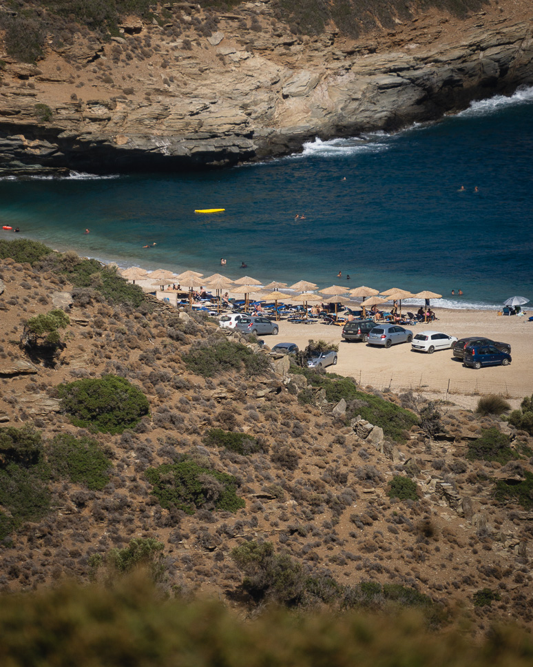 View on the parking on Vitali Beach in Andros