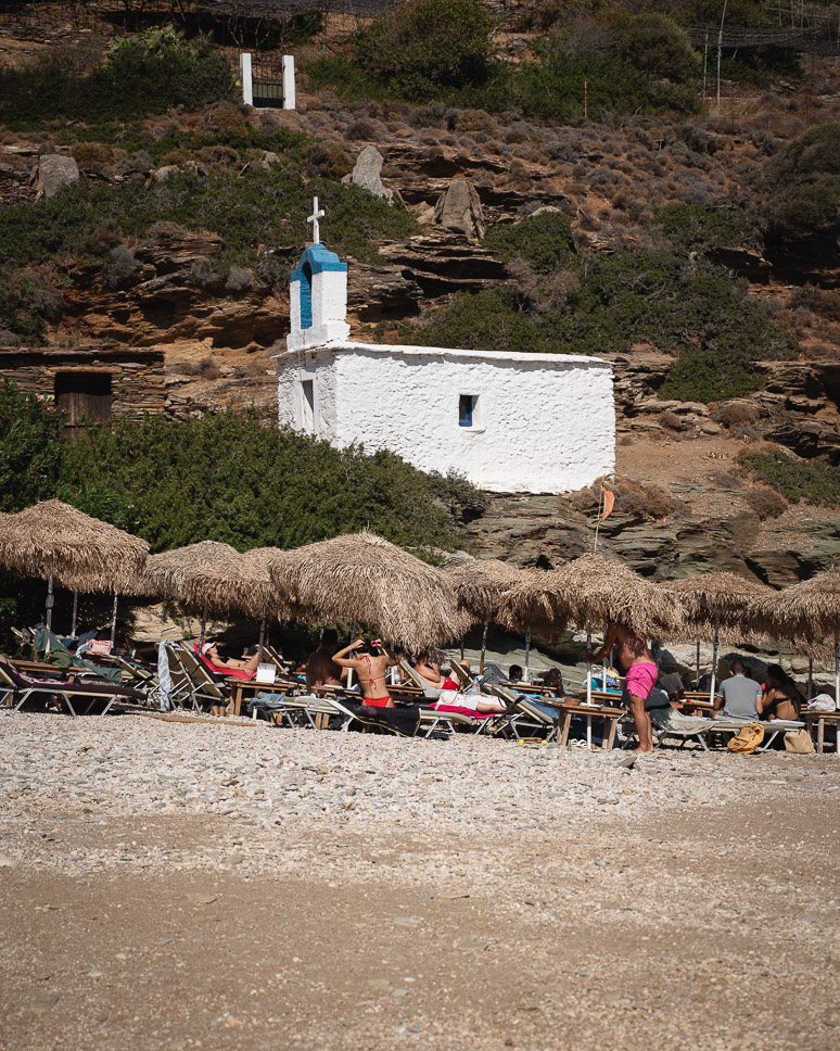 Chape, sunbeds and umbrellas at Vitali Beach Andros