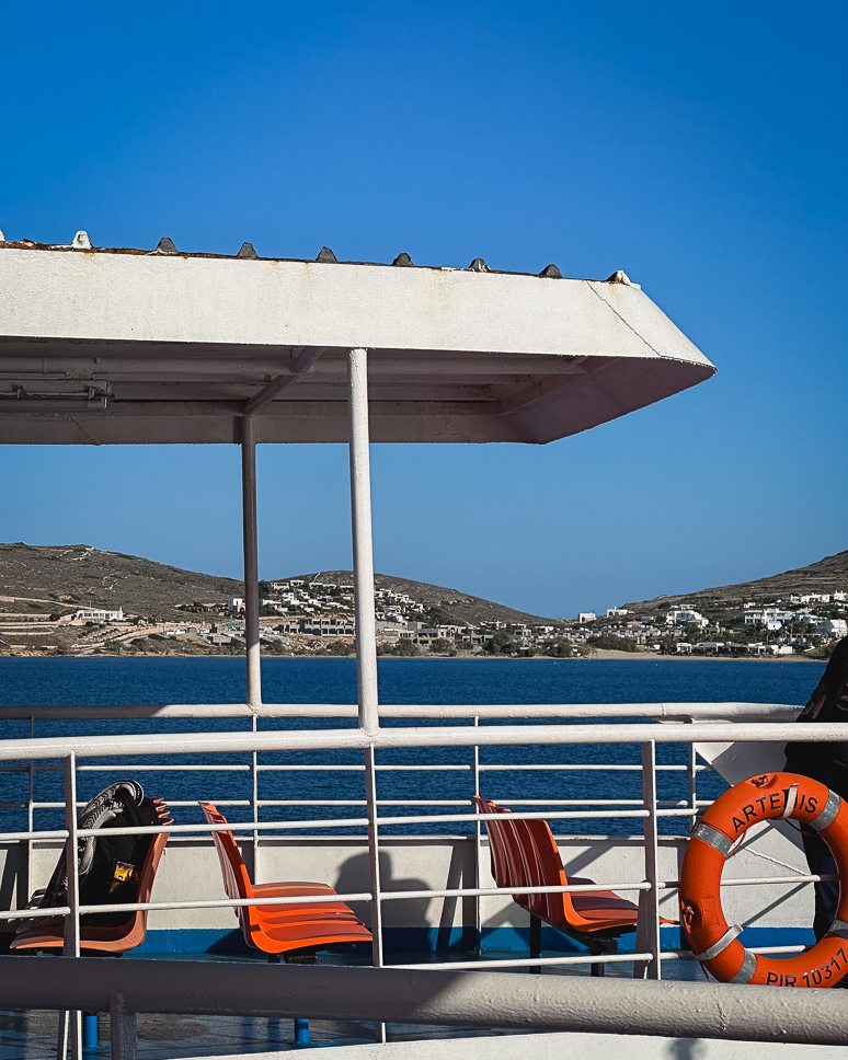 Outdoor seating Artemis ferry Cyclades budget traveling