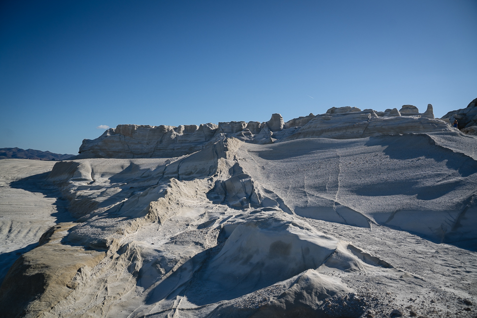 view of the white rock formations at Sarakiniko Beach in Milos
